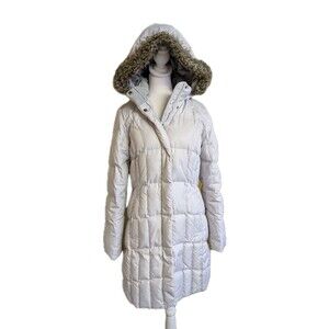 EDDIE BAUER Lodge Down Coat Women’s Small Parka White Removable Faux Fur Hood *